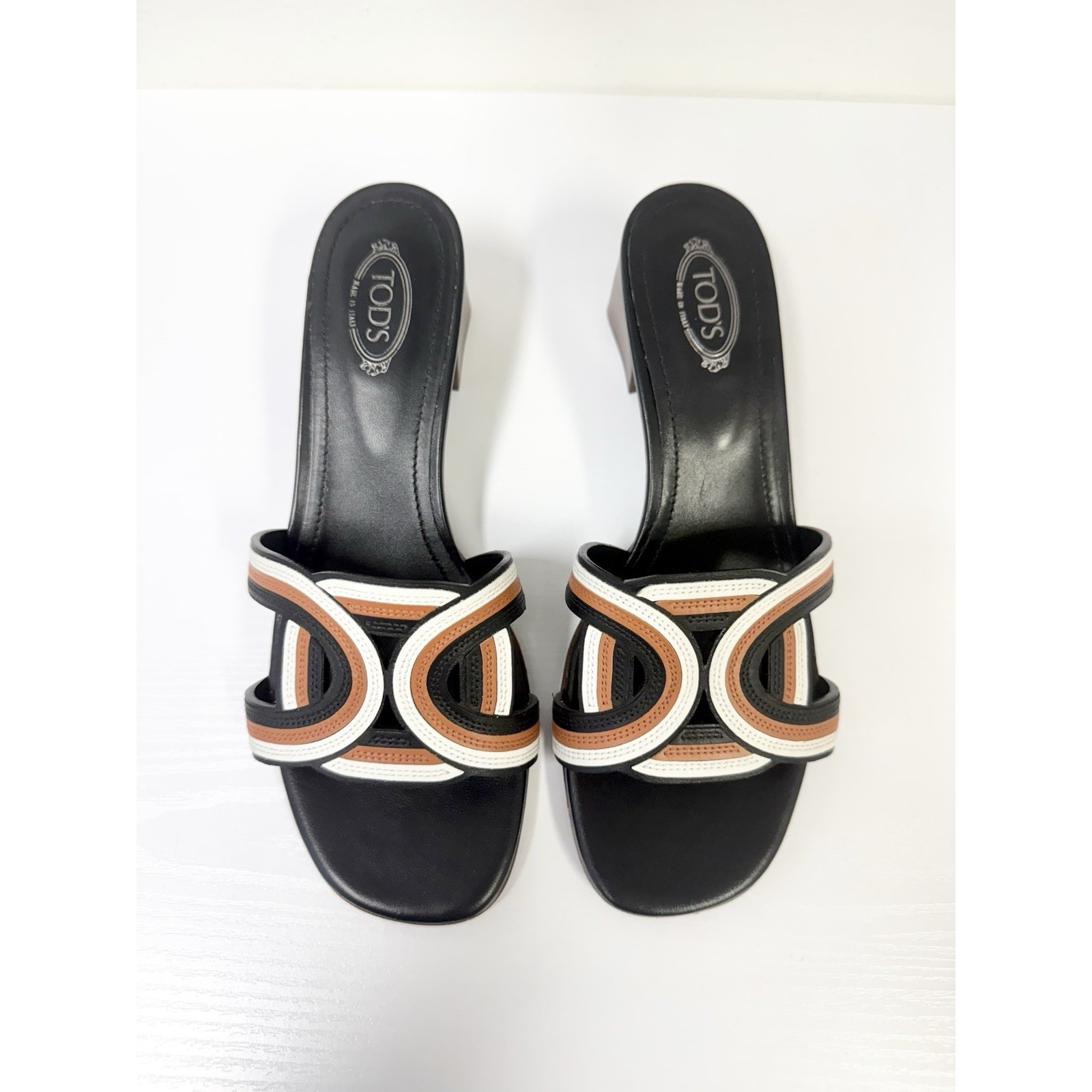 Tod's Kate Leather Mules Block Heel 39 9 Black White Cognac